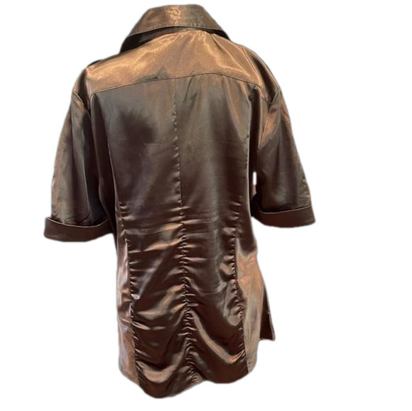 le Chateau XXL Olive brown shiny runched cuffed short sleeve blouse - Picture 5 of 7